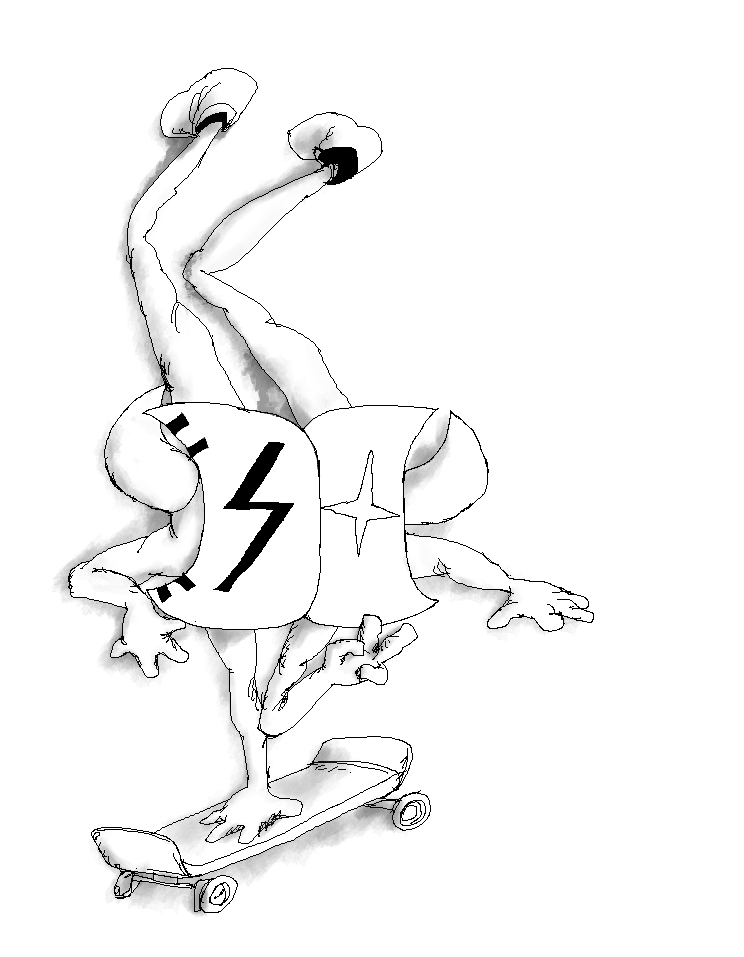 masked guy on skateboard doing a one-handed handstand and peace sign